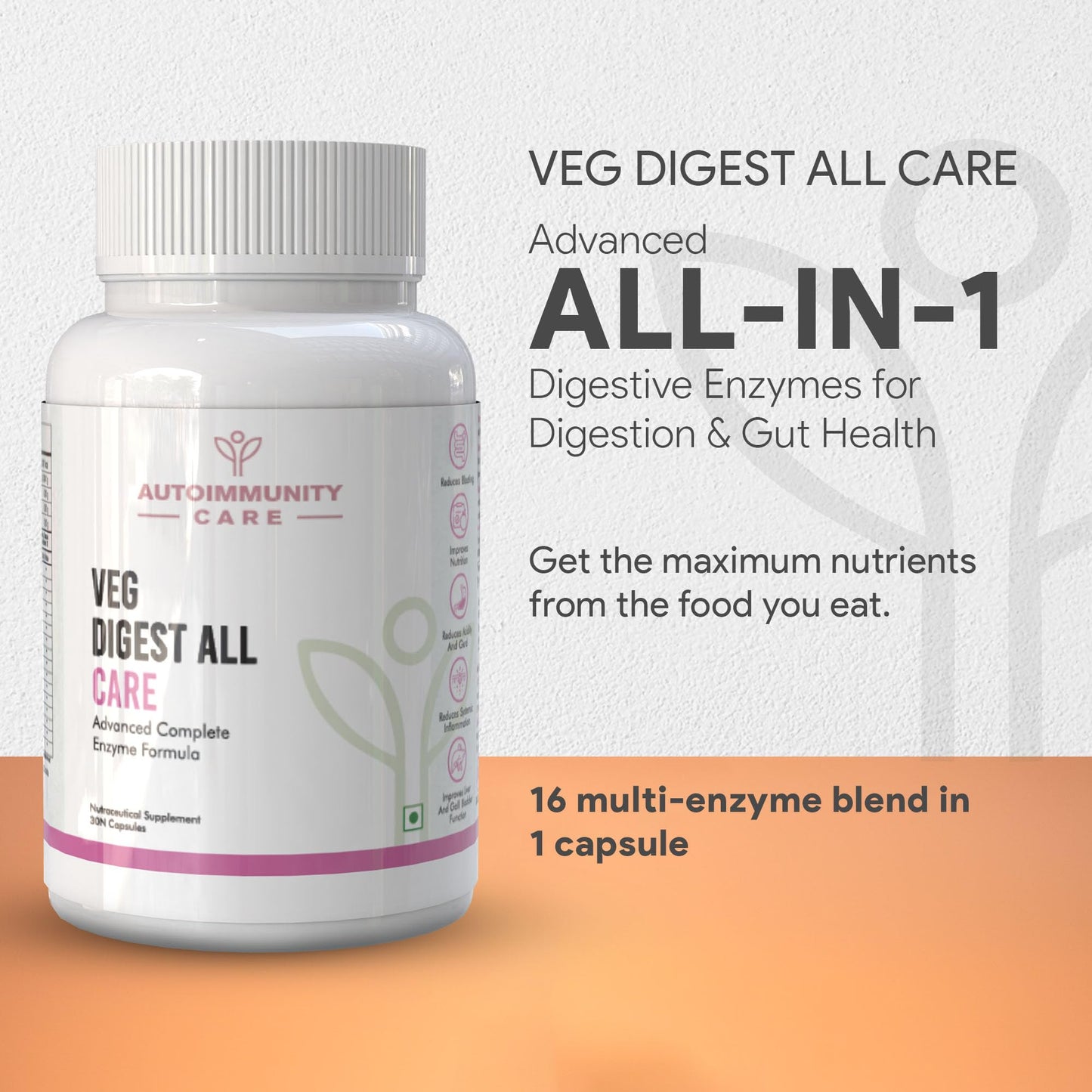Autoimmunity Care Veg Digest All Care – Complete Digestive Enzymes Supplement with Betaine HCl | Supports Faster Digestion, Acidity, Bloating & Gas Relief | Digestive Enzyme Tablets | 30 Caps (30 dose)