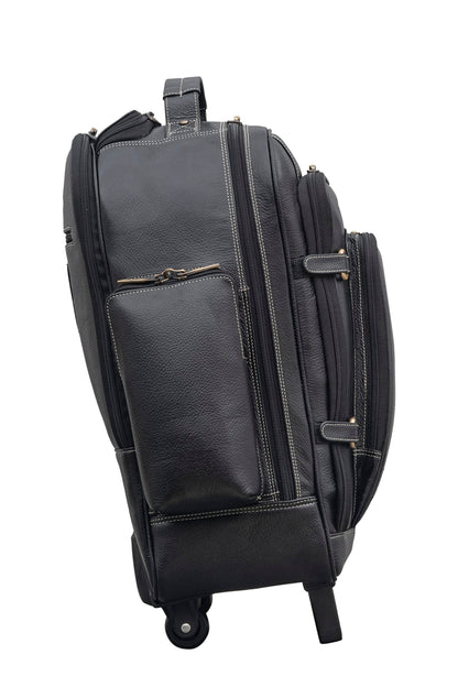 BRAND LEATHER Rolling Backpack Wheeled Laptop Backpack for Travel, Trolley Luggage Suitcase Compact Business Bag Student Laptop Bag for Men Women (Black)