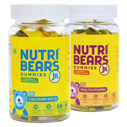 NutriBears Kids Multivitamin + Calcium Gummies Combo | 12 Nutrients + 125mg Tricalcium Phosphate + Vitamin D | Immunity, Growth & Strong Bones | No Artificial Colours | Veg | Age 2-12 | 60 Gummy Bears