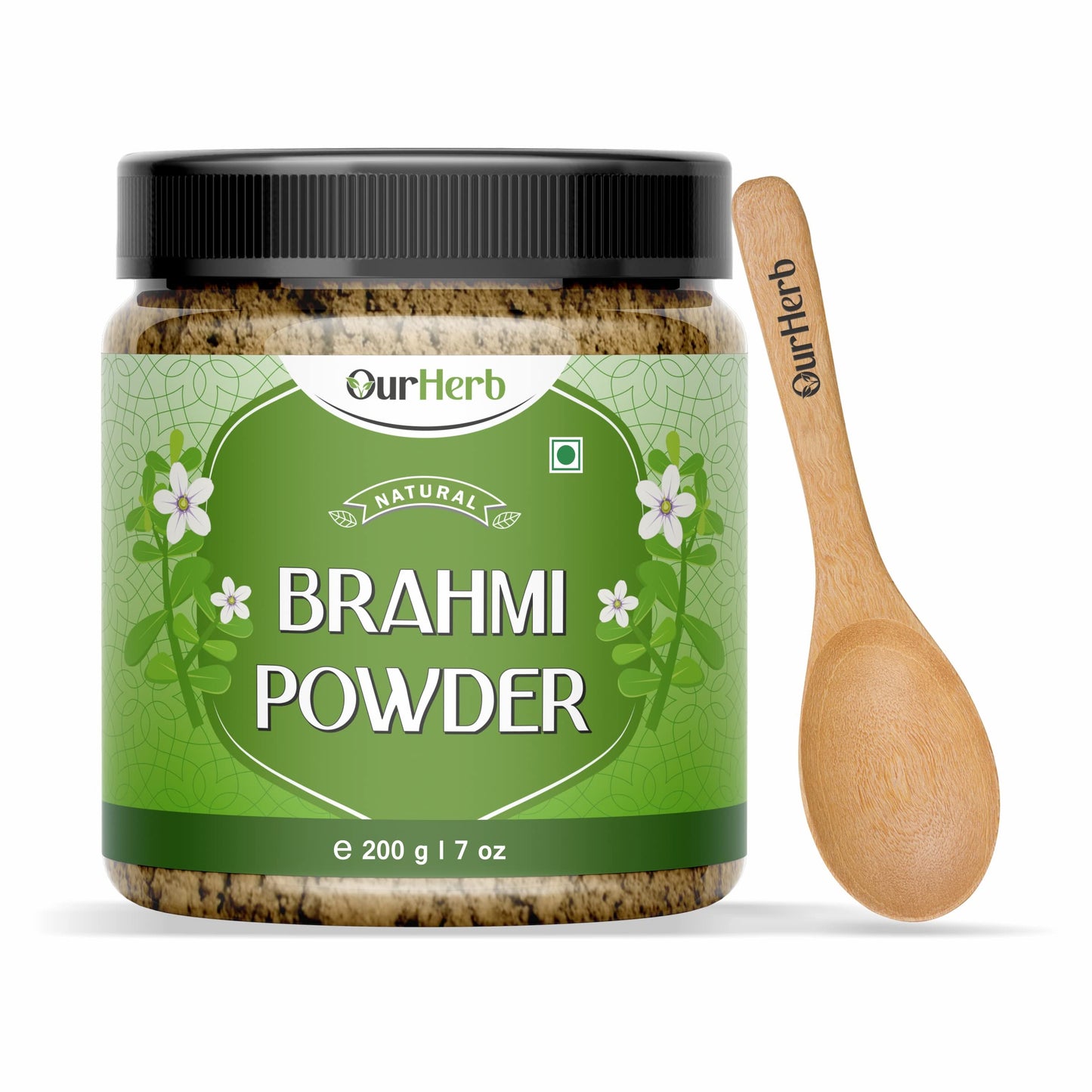 OurHerb Pure & Natural Brahmi Powder (Bacopa monnieri Powder) for Health & Hair Care with Wooden Spoon - 200g | 7 Oz