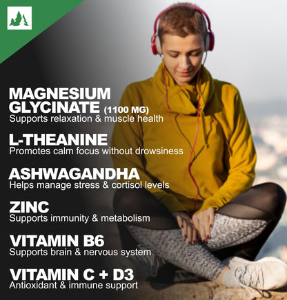 Forest Harvest Magnesium Glycinate 1100mg with L-Theanine, Ashwagandha, Zinc, Vitamin B6, C & D3 | 100 Veg Capsules | WHO-GMP, HACCP, ISO Certified