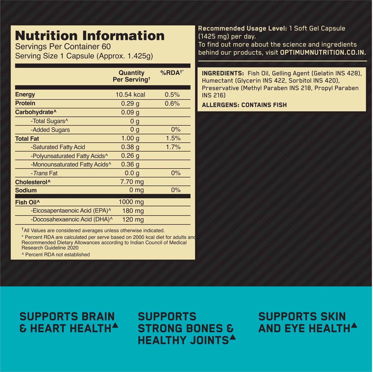 Optimum Nutrition (ON) Fish Oil - 60 Capsules, 300mg EPA/DHA Omega -3 Fatty Acids for Strong Bones-Healthy Joints, Brain, Heart, Skin & Eye Health