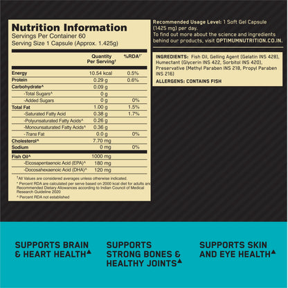 Optimum Nutrition (ON) Fish Oil - 60 Capsules, 300mg EPA/DHA Omega -3 Fatty Acids for Strong Bones-Healthy Joints, Brain, Heart, Skin & Eye Health