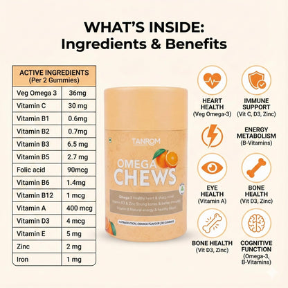 OmegaChews - Daily Orange Flavor Multivitamin Gummies (30 Pack) with Veg Omega-3, Vitamins B, C, D, Iron, Zinc, Calcium, Magnesium for Growing Kids & Busy Families - New Environment Friendly Packaging