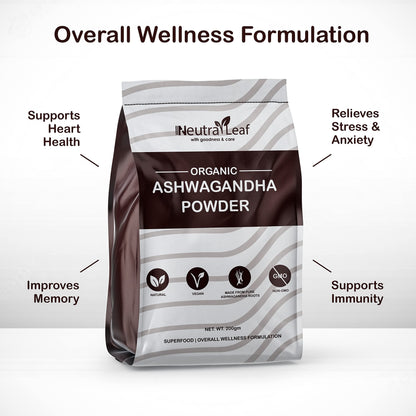 Neutra Leaf Organic Ashwagandha Powder | Ayurvedic Support for Stress, Mental Calmness & Anxiety Issues | Certified Organic - 200 Grams