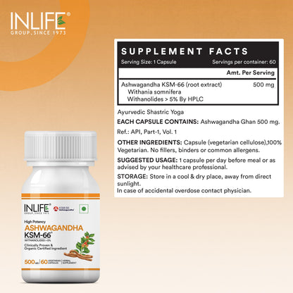 INLIFE Ashwagandha KSM-66 (500 mg) | 60 Capsules | Natural Formulation | Withania Somnifera Extract (Pack of 1, 60, count)