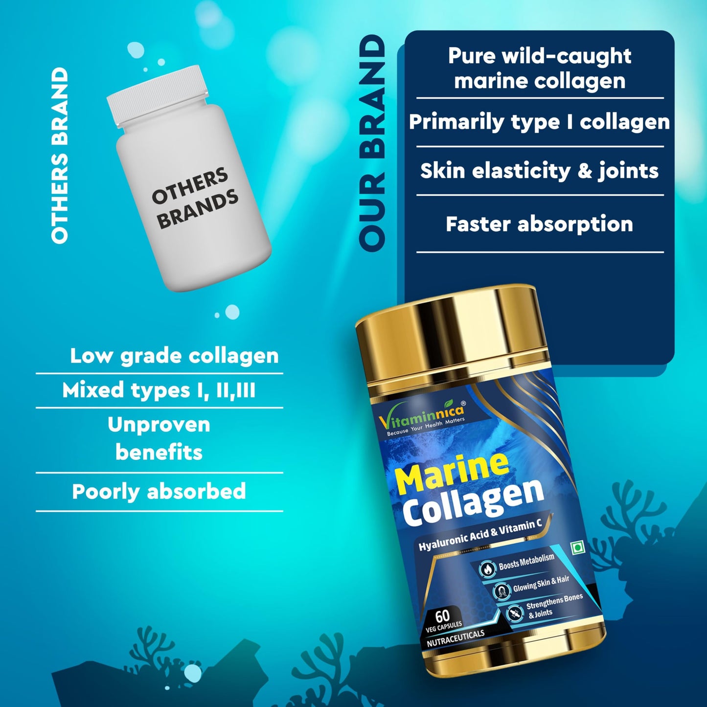 Vitaminnica Marine Collagen Capsules with Hyaluronic Acid & Vitamin C - Skin, Hair, Bones & Joints | 60 Capsules