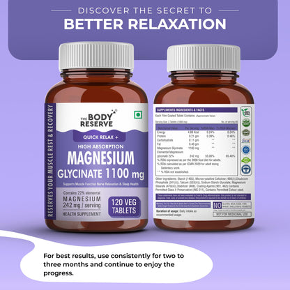 The Body Reserve Magnesium Glycinate Supplement - 120 Veg Tablets, 1100mg Per Serving, High Absorption Chelated Form - Muscle & Nerve Health, Relaxation for Men & Women