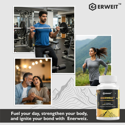 Enerweiz Daily Energy & Stamina Capsules for Men & Women | With L-Arginine & Maca Root | Supports Blood Flow, Performance & Vitality | 60 Capsules