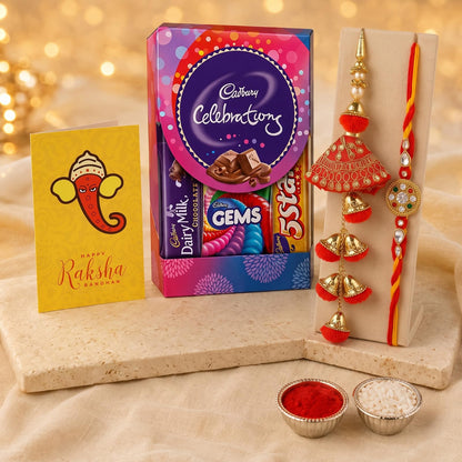 Rakhi Gift for Brother Bhabhi with Cadbury Celebration Chocolates Pack, Rakhi Gift for Bhaiya Bhabhi with Rakshabandhan Greeting Card, Stone Studded Beaded Floral Rakhi for Brother Bhabhi with Cadbury,Greeting Card, Tilak set
