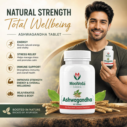 Moolveda Ashwagandha Tablets | Energy, Stress Relief and Immune Support | Improves Strength, Energy & Overall Wellbeing | Rejuvenates Mind & Body | 60 Veg Tablets (Pack Of 2)