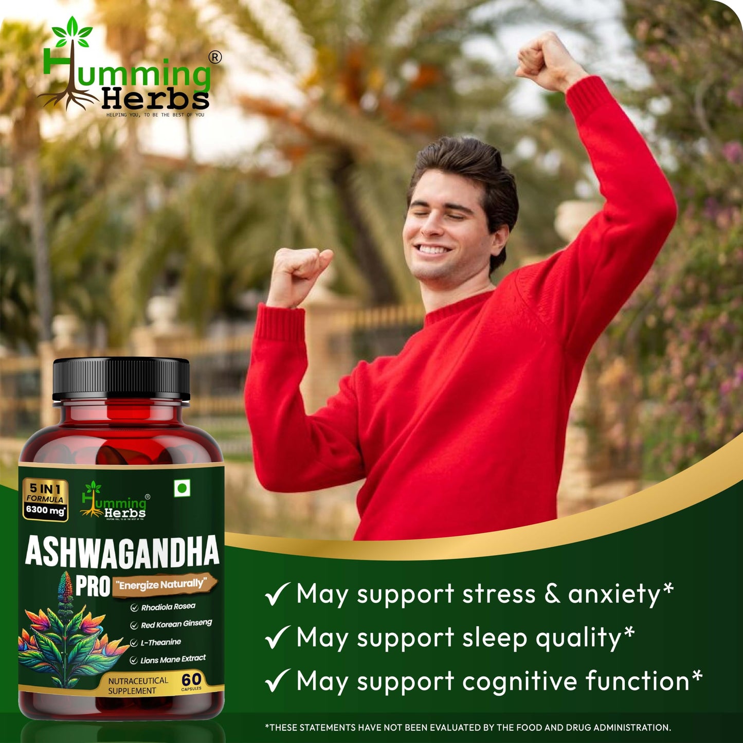 Humming Herbs Ashwagandha Pro - High Potency Adaptogen Blend with Rhodiola Rosea, Red Korean Ginseng, L-Theanine, & Lion's Mane - Natural Stress Relief & Cognitive Support(60 Caps)