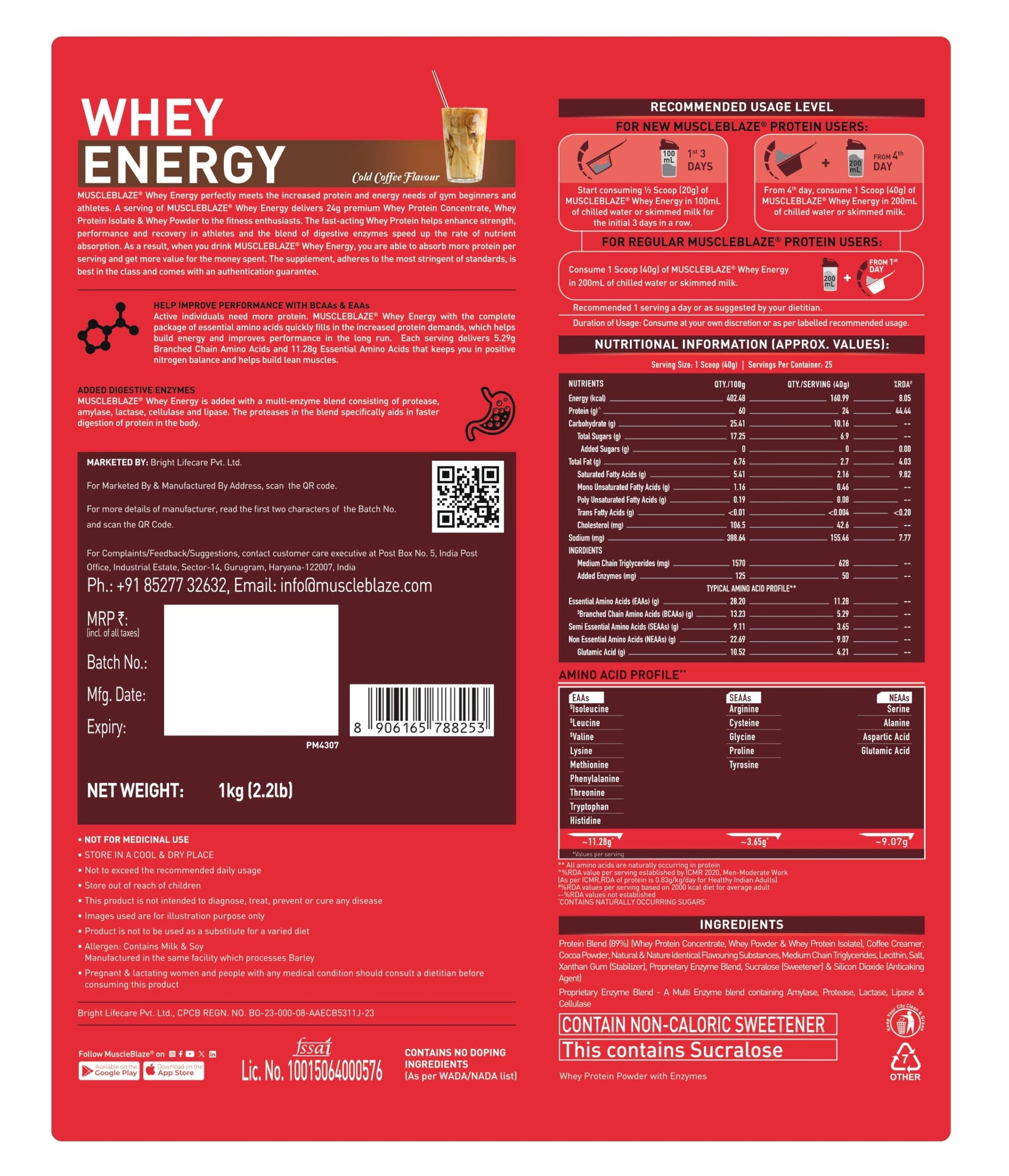 MuscleBlaze Whey Energy (Cold Coffee, 1kg / 2.2lbs) | 24g Protein, 100%- image 3