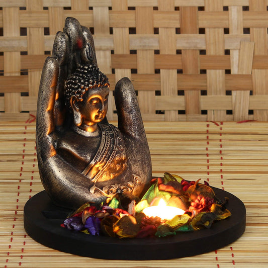 eCraftIndia Copper Finish Handcrafted Palm Buddha Decorative Showpiece with Wood