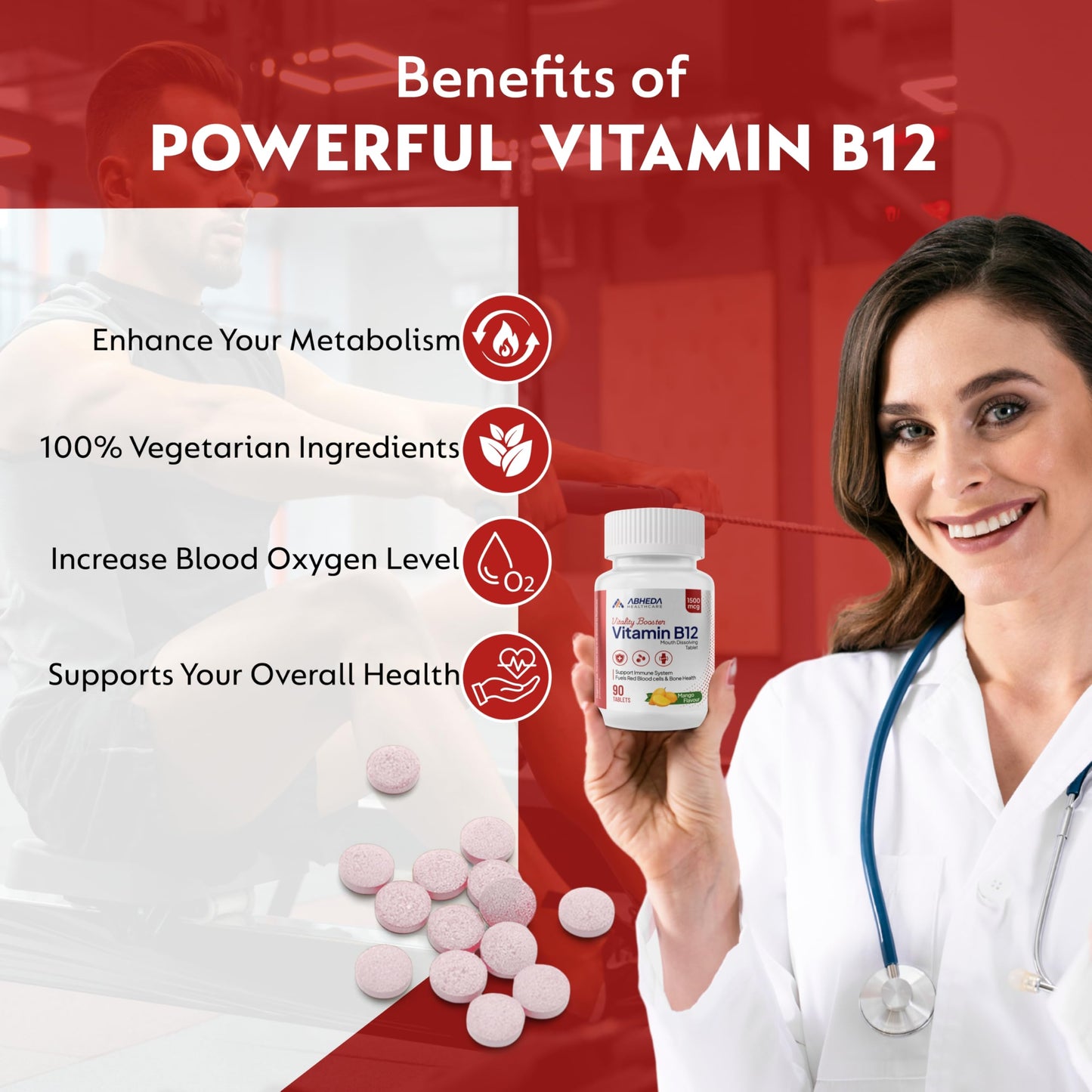 ABHEDA HEALTHCARE Vitamin B12 1500mcg Tablets - Fast Absorbing Mouth Dissolving Supplement - Delicious Mango Flavor - 90 Count - High Potency for Energy, Metabolism & Immune Support