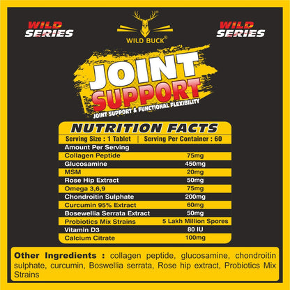 Wild Buck Joint Pain & Support Supplement with Boswellia, Glucosamine, Chondroitin, MSM, Vitamin D3 & Collagen Peptide For Joint Health and Cartilage Support | Joint Pain Supplement | 60 Tablets