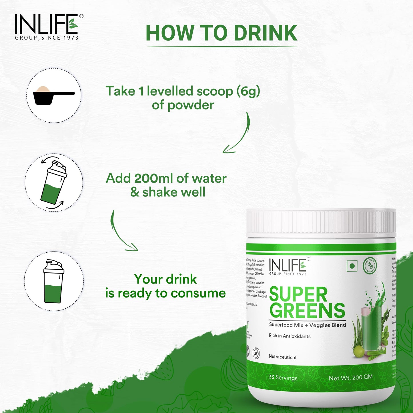 INLIFE Super Greens Powder Supplement | Spirulina, Moringa, Chlorella, Alfalfa, Wheat Grass, Barley Grass Blend | 200g