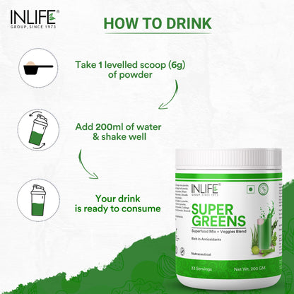 INLIFE Super Greens Powder Supplement | Spirulina, Moringa, Chlorella, Alfalfa, Wheat Grass, Barley Grass Blend | 200g