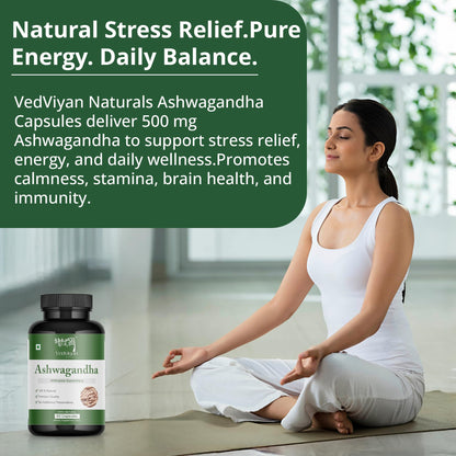 VedViyan Naturals Ashwagandha Capsules 500 mg 60 capsules-Natural stress relief and energy booster-supports immunity,brain health-care 100% vegetarian, premiun quality