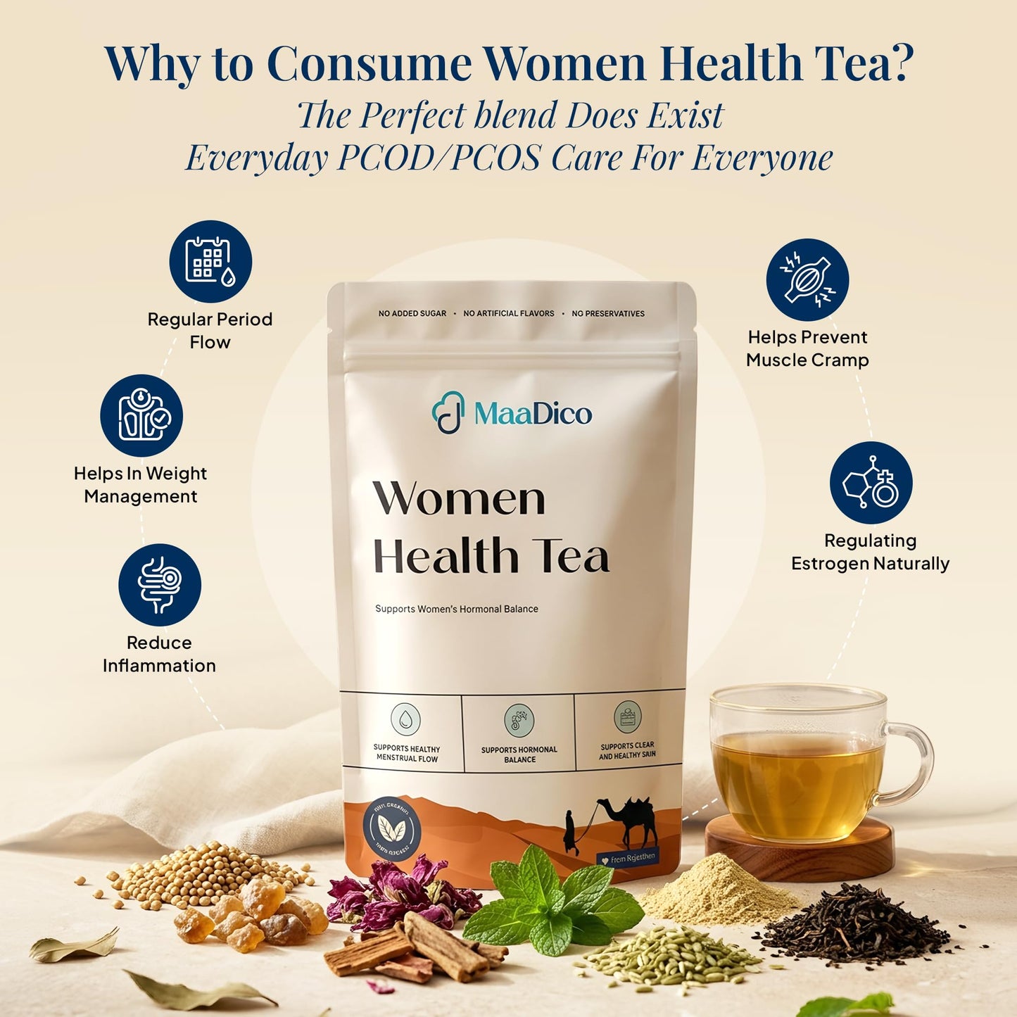 MaaDico Women Health Tea For Pcod/Pcos Care For Women, 200 Gms | Support Menstrual Cycle And Irregular Periods | Ayurvedic Herbal Blend for Women’s Hormonal & Metabolic Wellness | Digestion & Metabolic Health |