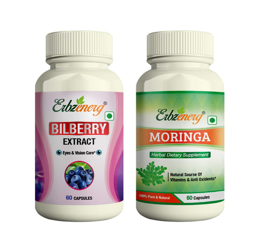 ERBZENERG® Moringa (Moringa oleifera) 60 Capsules and Bilberry Extract (Vaccinium myrtillus) 60 Capsules (Pack of 1)