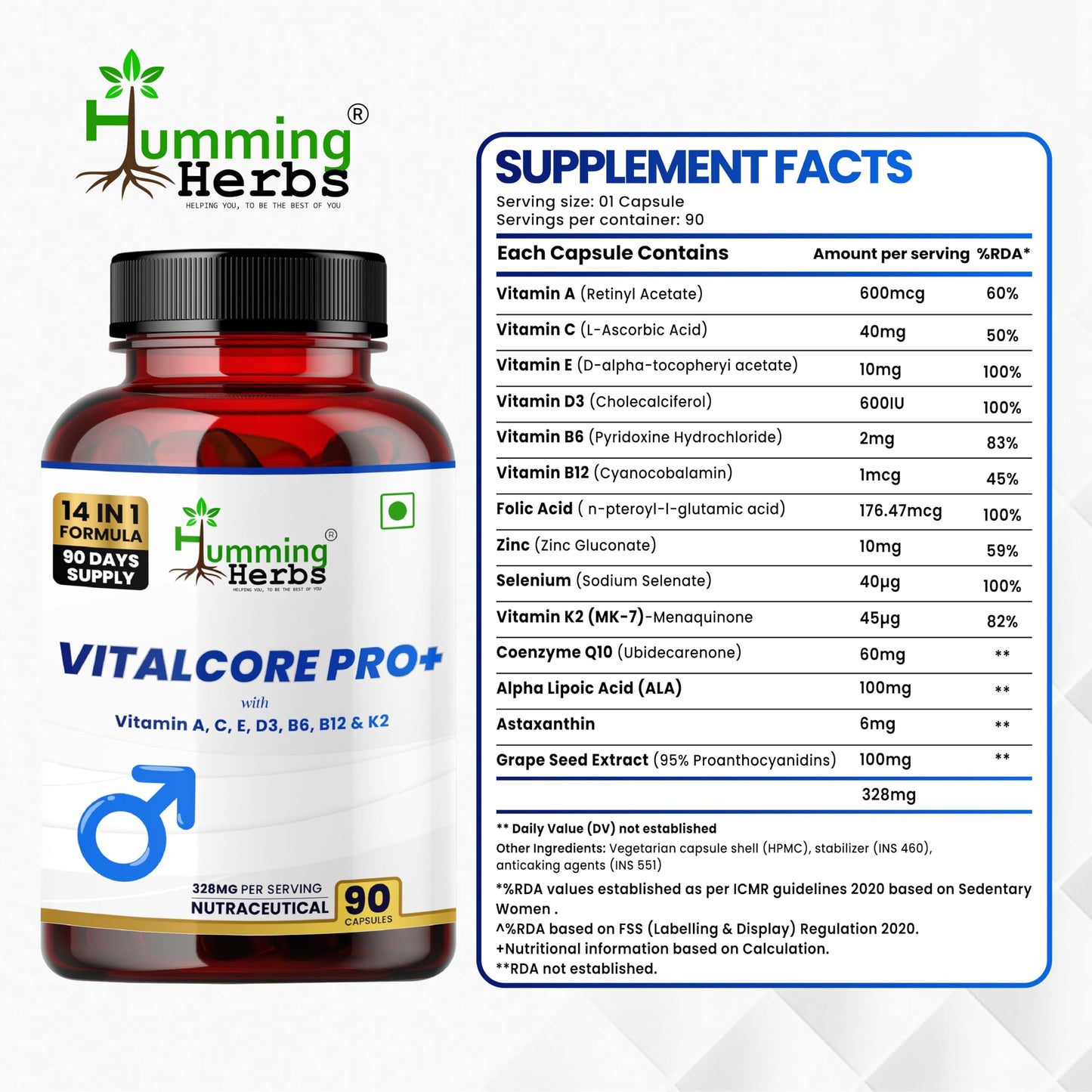 Humming Herbs Vitalcore Pro+ for Men | 14-in-1 Multivitamin with A, C, E, D3, B6, B12, Zinc, CoQ10, ALA & More | 328mg | 90 Veg Capsules | 90 Days Supply | Non-GMO & Sugar-Free
