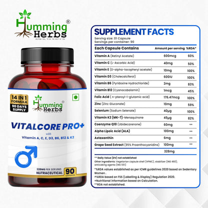 Humming Herbs Vitalcore Pro+ for Men | 14-in-1 Multivitamin with A, C, E, D3, B6, B12, Zinc, CoQ10, ALA & More | 328mg | 90 Veg Capsules | 90 Days Supply | Non-GMO & Sugar-Free