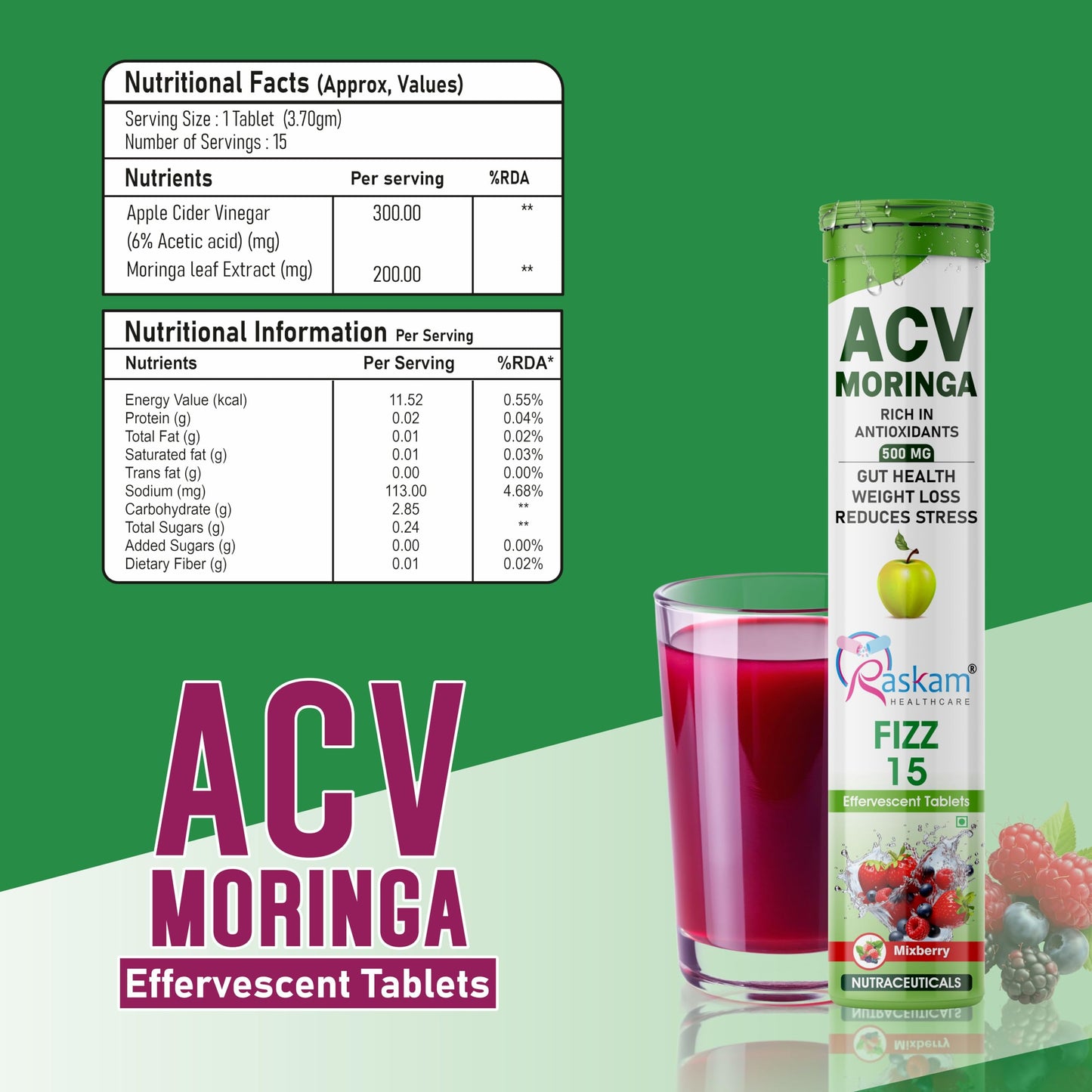 Raskam ACV Moringa 15 Effervescent Tablets | Mixberry Flavor, 500mg | Boost Energy & Immunity Naturally with Antioxidants | Controls Cravings (2 Packs of 15 Tablets Each)