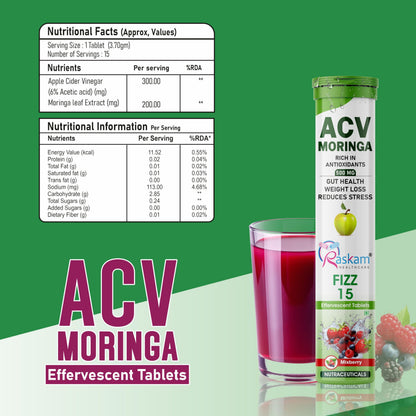 Raskam ACV Moringa Fizz Effervescent Tablets 500mg – Mixberry, 3 x 15 Tablets