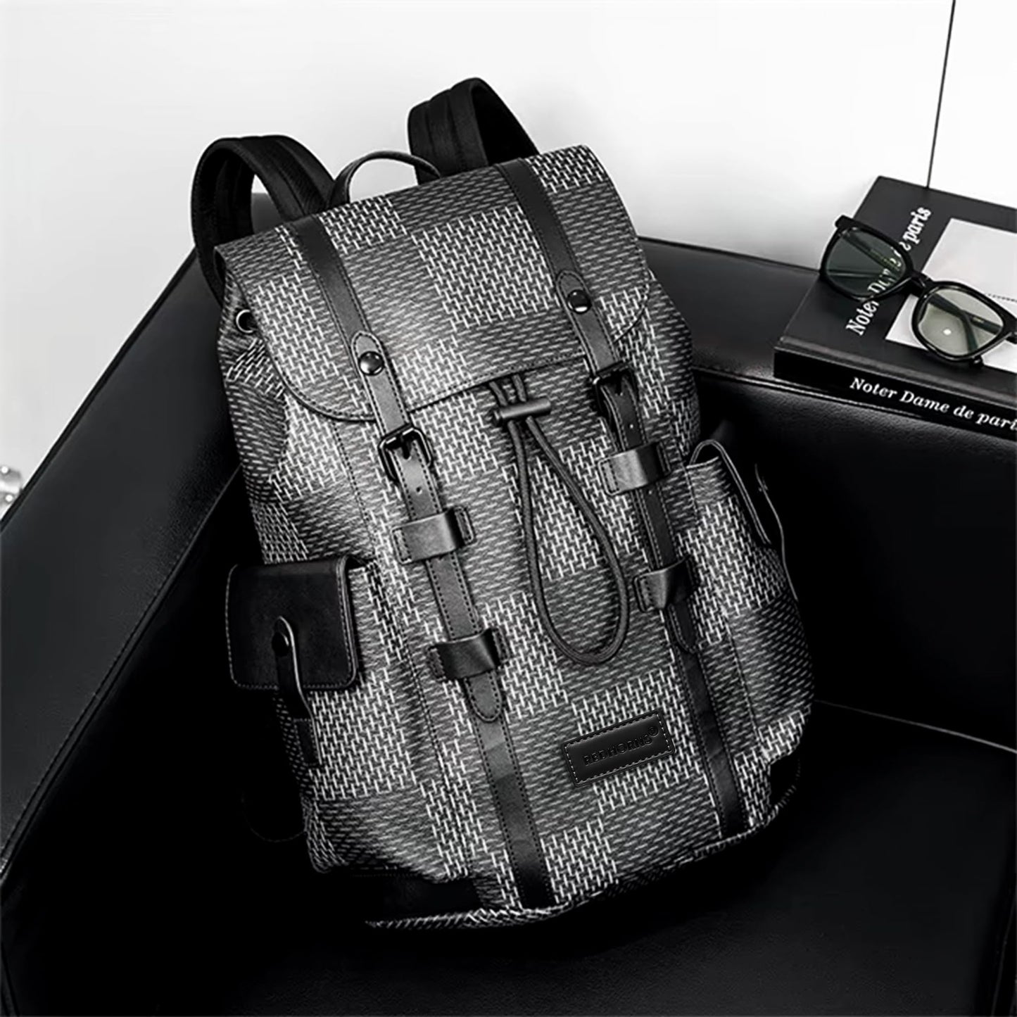 REDHORNS Water Resistant Pemium Laptop Backpack for Men and Women, PU Leather 25L Backpack for Business Travel, Top Open Office Backpack with Trolley Sleeve (BP2808M-Grey)