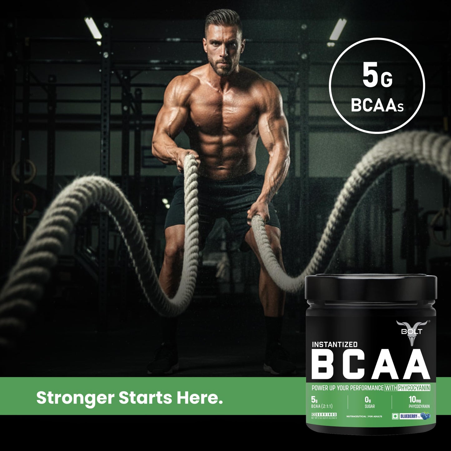 Bolt Bcaa 5000, 30 Servings, Optimal 2:1;1 Ratio For Muscle Recovery Gain & Endurance(Blueberry Blast, 240Gm) - Powder
