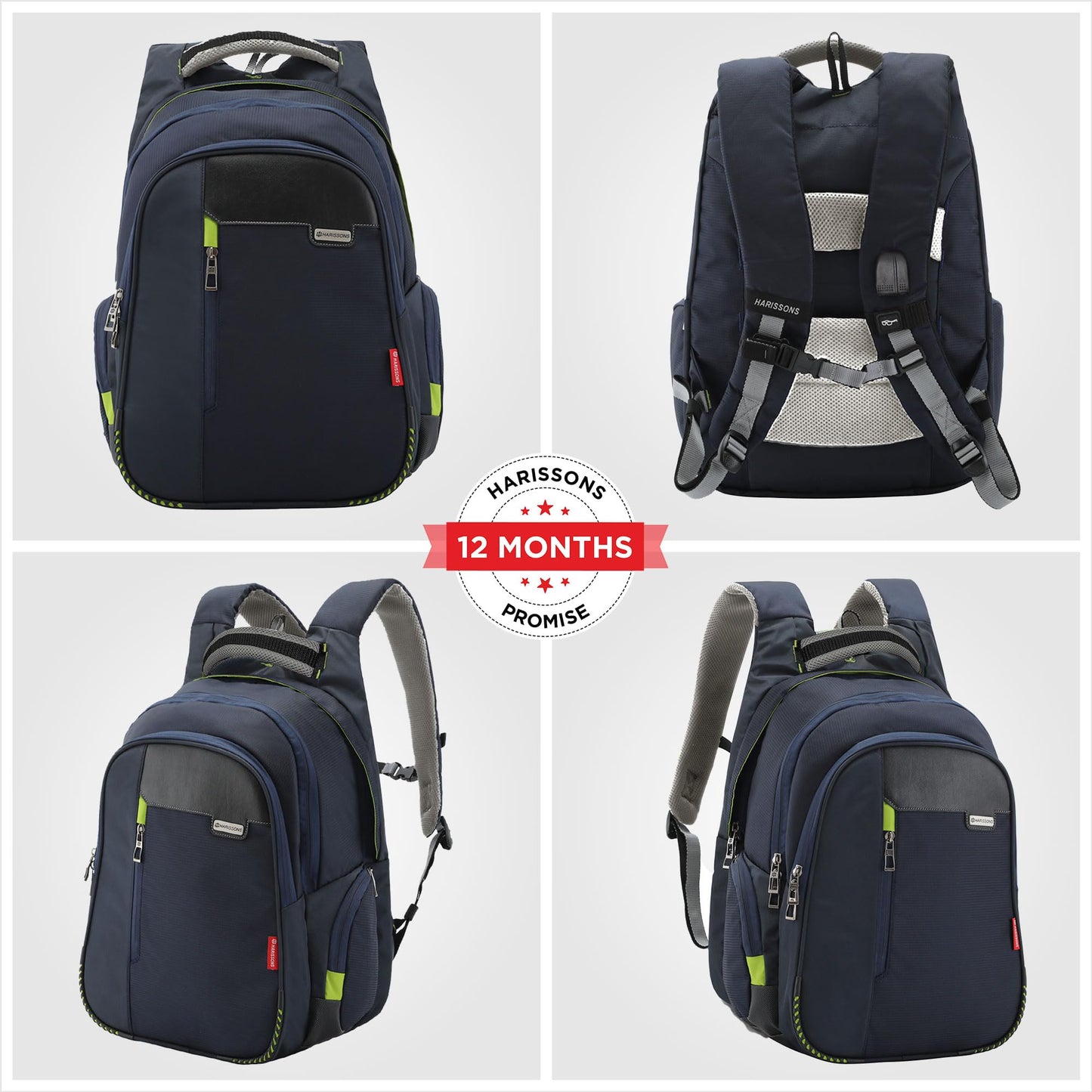 HARISSONS Sirius Travel Laptop Backpack | 45L | Fits 15.6” Laptop | Heavy-Duty Build | USB & Audio Port, Multi-Level Organizer, Trolley Sleeve | Work, Travel & College (Navy Blue)