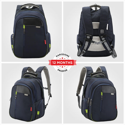 HARISSONS Sirius Travel Laptop Backpack | 45L | Fits 15.6” Laptop | Heavy-Duty Build | USB & Audio Port, Multi-Level Organizer, Trolley Sleeve | Work, Travel & College (Navy Blue)