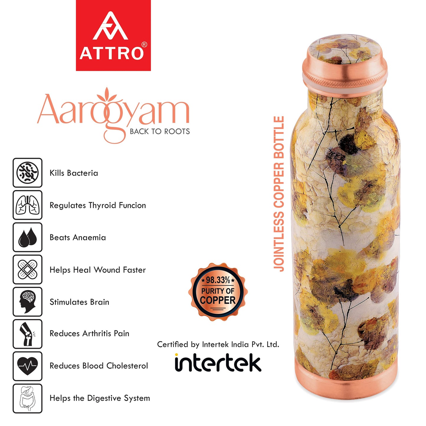 ATTRO Aarogyam 650ml Tatva Spring Summer Designer Joint-less Copper Water Bottle