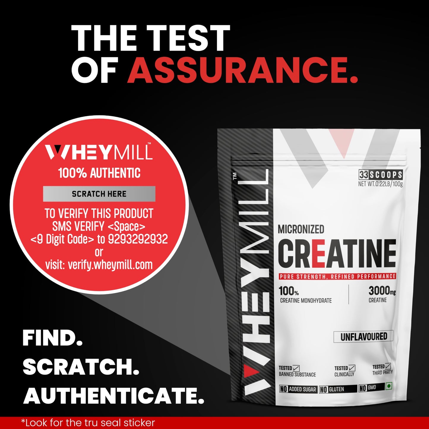 WHEYMILL Micronised Creatine Monohydrate | Lab Tested | Rapid Absorption | Fast Recovery | 100Gm, 33 Servings | Unflavoured