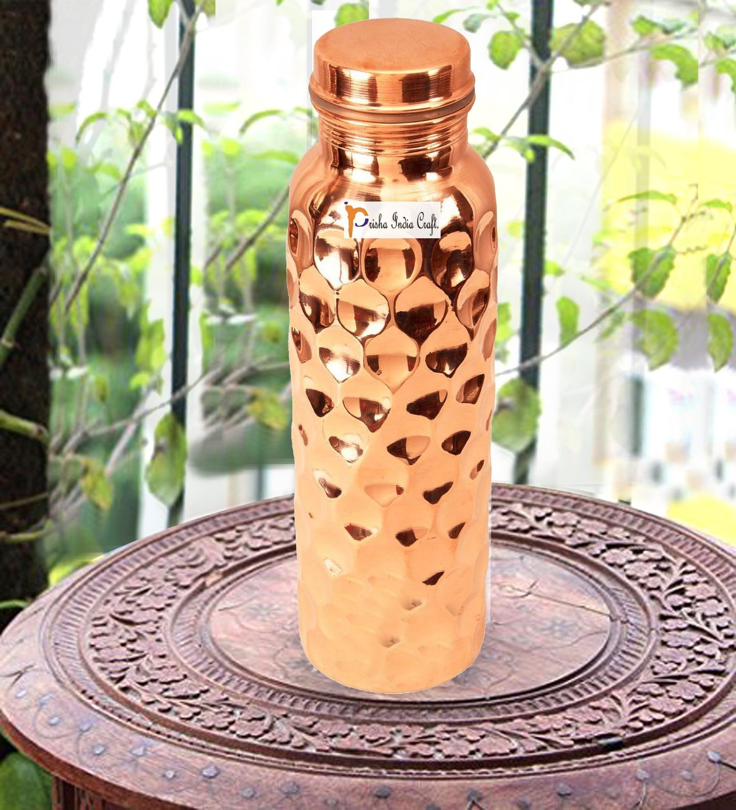 Prisha India Craft Pure Copper Water Bottle, Diamond Design, Capacity 900 ML, Set of 2