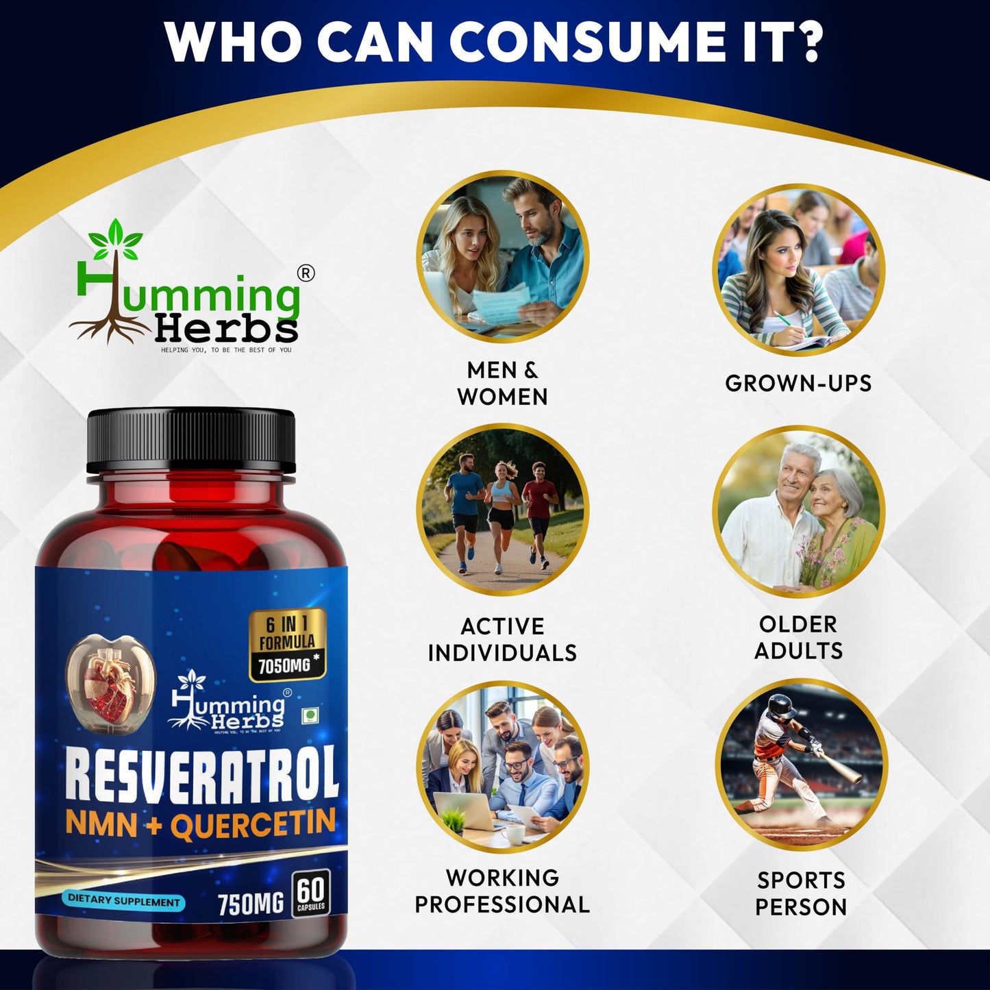 Humming Herbs Trans-Resveratrol 98% (High Purity & Bioavailable) with NMN, Quercetin, Fisetin & Spermidine – Antioxidant Support for Heart & Circulatory Wellness, Cellular Energy & Healthy Aging – 90 Vegetarian Caps