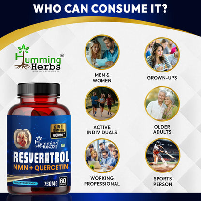 Humming Herbs Trans-Resveratrol 98% (High Purity & Bioavailable) with NMN, Quercetin, Fisetin & Spermidine – Antioxidant Support for Heart & Circulatory Wellness, Cellular Energy & Healthy Aging – 90 Vegetarian Caps