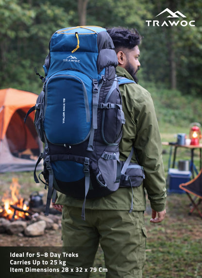 TRAWOC VALOR MAX 75 Ltr Travel Backpack Camping Hiking Trekking Bag Rucksack for Men & Women with Rain Cover/Shoe Compartment, English Blue, 3 Year Warranty