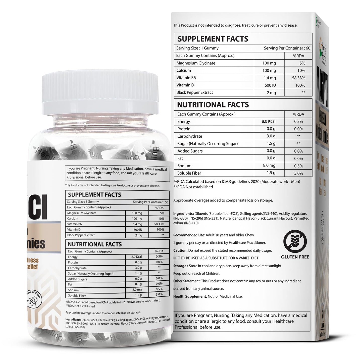 Healing Pharma - Maglyci Magnesium Glycinate Gummies for Better Sleep, Stress Relief and Muscle Relaxation | With Vitamin D3 & B6 | Zero Added Sugar | Magnesium Glycinate Supplement For Men & Women- 60 Gummies Black Currant Flavour