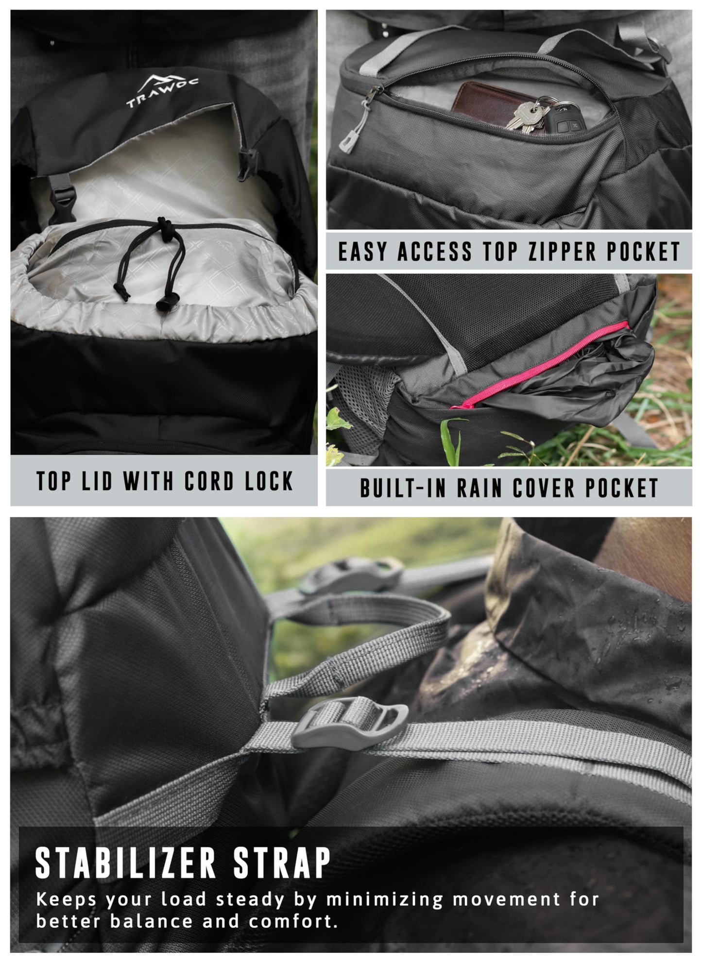 TRAWOC TRAILBLAZE 75 Liter Rucksack bag for Men & Women, Travel Backpack Camping Hiking Trekking Bag Rain Cover/Shoe Compartment, Black, 3 Year Warranty