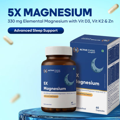 Active Foods 5X Magnesium Capsules, 330mg Elemental Magnesium with Vit D3, Vit K2 + Zn, Advanced Sleep Support, Muscle & Nerve Function, Bone Health, Metabolic & Energy Support, Immunity, 60 Capsules