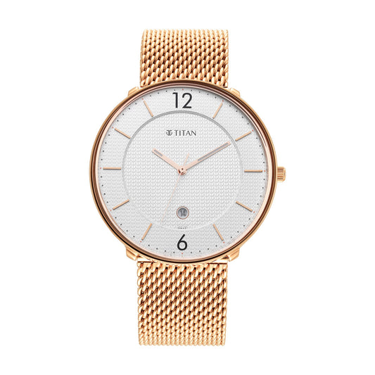 Titan Black & Gold Quartz Analog with Date White Dial Rose Gold Stainless Steel Strap Watch for Men - NT1849WM01
