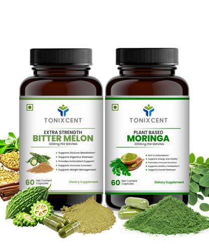 TONIXCENT Metabolic Support Duo | Bitter Melon 1200mg & Moringa 2000mg Capsules | Supports Blood Sugar, Gut Health & Immunity | 60+60 Vegan Capsules
