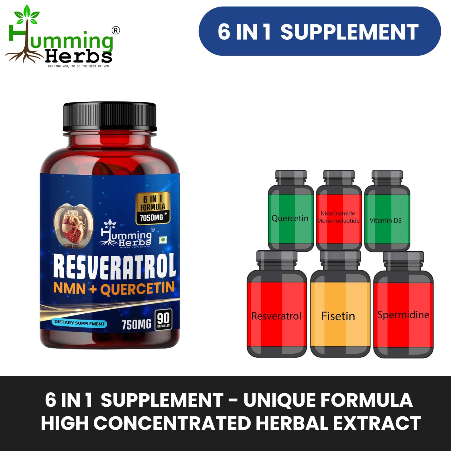 Humming Herbs Trans-Resveratrol 98% (High Purity & Bioavailable) with NMN, Quercetin, Fisetin & Spermidine – Antioxidant Support for Heart & Circulatory Wellness, Cellular Energy & Healthy Aging – 90 Vegetarian Caps