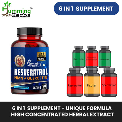 Humming Herbs Trans-Resveratrol 98% (High Purity & Bioavailable) with NMN, Quercetin, Fisetin & Spermidine – Antioxidant Support for Heart & Circulatory Wellness, Cellular Energy & Healthy Aging – 90 Vegetarian Caps