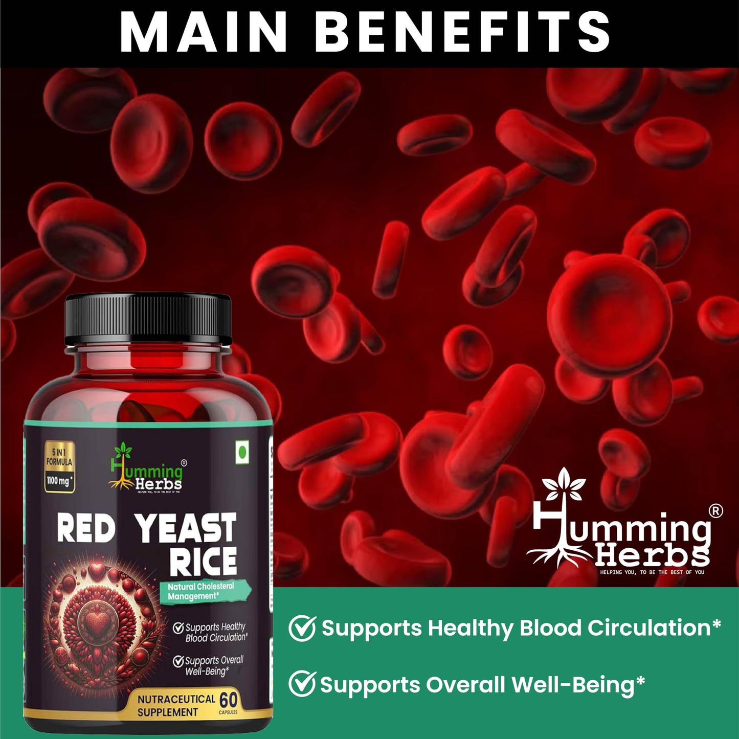 Humming Herbs Red Yeast Rice 500mg - Natural Cholesterol Support with CoQ10, Policosanol & Lycopene - Promotes Heart Health & Blood Circulation
