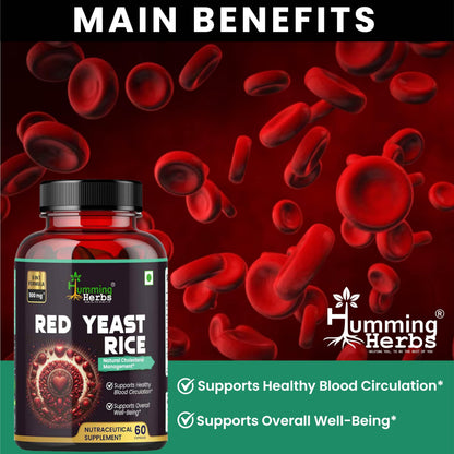 Humming Herbs Red Yeast Rice 500mg - Natural Cholesterol Support with CoQ10, Policosanol & Lycopene - Promotes Heart Health & Blood Circulation
