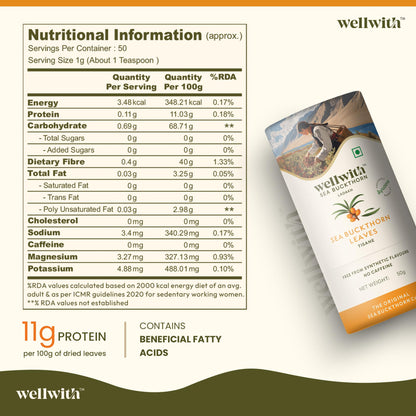 Wellwith by Ayuzera Sea Buckthorn Raw Leaves Tea, Good For Skin and Immunity, For a Healthy Lifestyle - Himalayan Seabuckthorn Herbal Leaf Tea - Pure & Natural (50g)