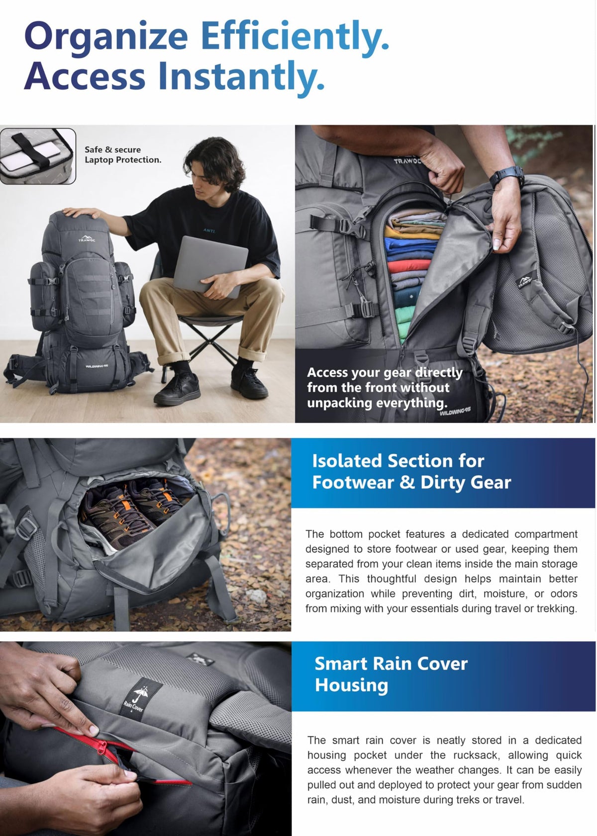 TRAWOC WILDWING 95L (80+15) Internal Frame Trekking Backpack with 15L Detachable Daypack, Rain Cover, Shoe Compartment & Adjustable Fit. Large Rucksack for Travel, Hiking & Camping | 3-Year Warranty